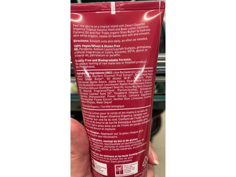 Desert Essence Organics Hand & Body Lotion, Tropical Coconut, 8 fl oz/237 mL