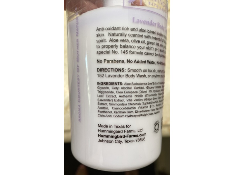 Hummingbird Farms, Aromatherapy Body Lotion, Lavender, No. 145 Whipped Aloe Vera, 8 fl oz/236 mL