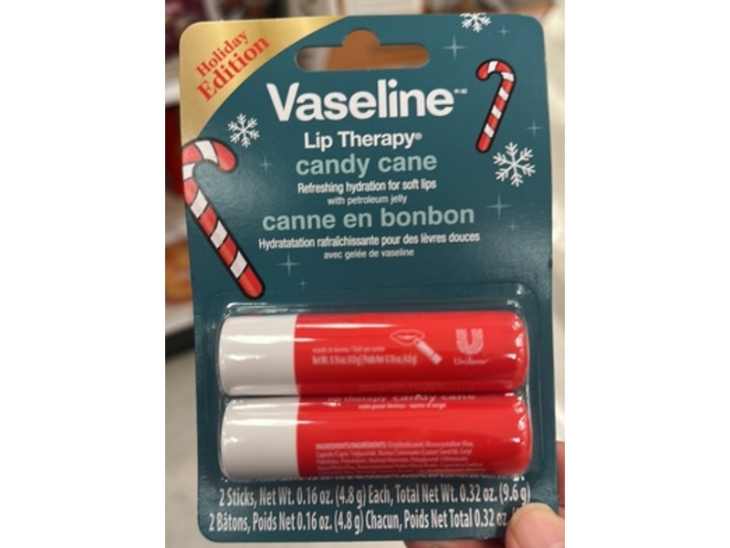 Vaseline Holiday Edition Lip Therapy Stick, Candy Cane, 0.16 oz/4,8 g, 2 Pack