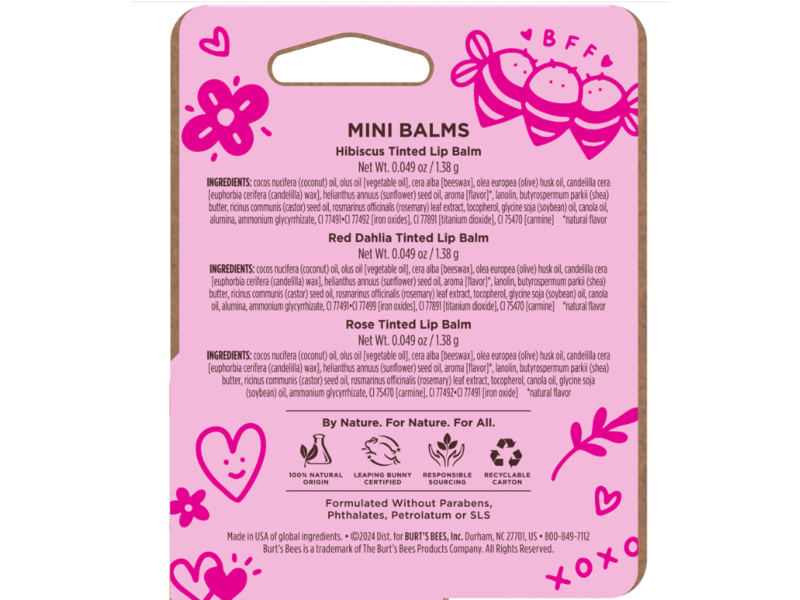 Burt's Bees Bee My Galentine Mini Tinted Lip Balm, Hibiscus, Red Dahlia & Rose, 0.049 oz/1.38 g
