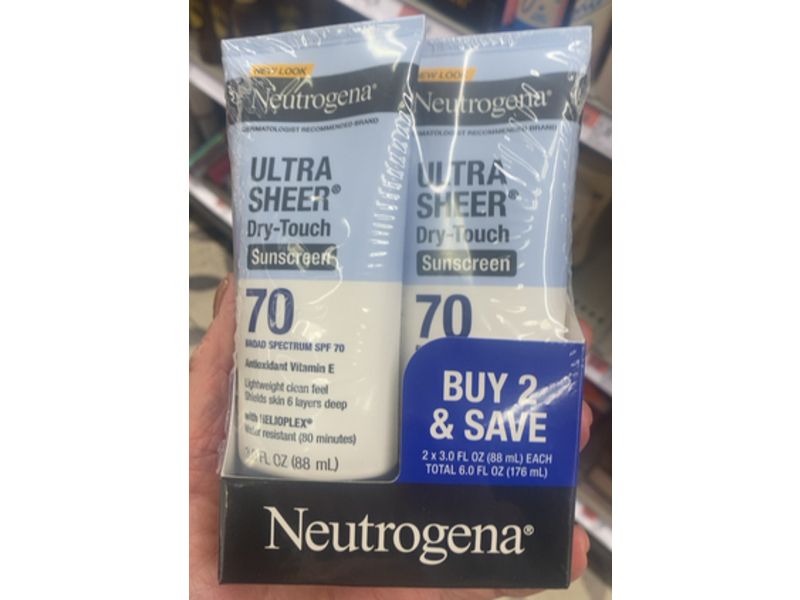 Neutrogena Ultra Sheer Sunscreen, SPF 70, 3.0 fl oz/88 mL, Pack Of 2
