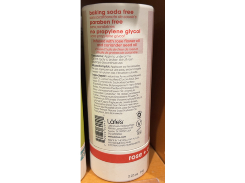 Lafe's Natural Deodorant Stick, Rose & Coriander, 2.25 oz