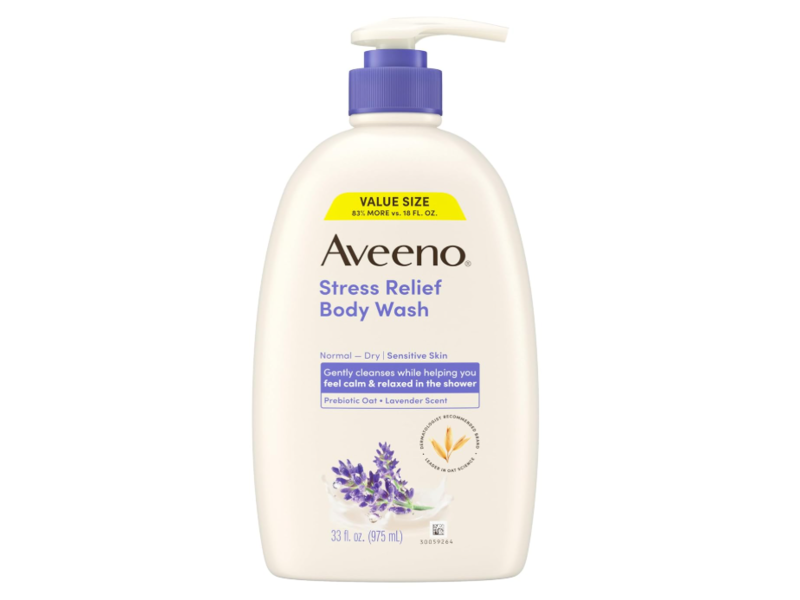 Aveeno Stress Relief Body Wash, Prebiotic Oat + Lavender Scent, 33 fl oz/975 mL