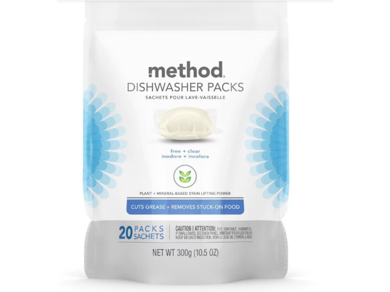 Method Dishwasher Packs, Free + Clear, 10.5 oz/300 g, 20 Packs, Pack Of 6