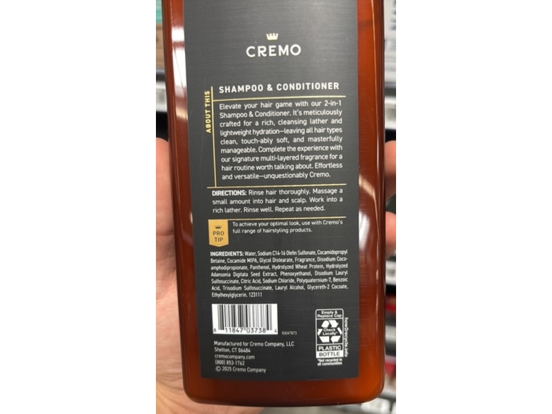 Cremo 2 In 1 Shampoo & Conditioner, Bergamot Black, Bold & Crisp, 16 fl oz/473 mL