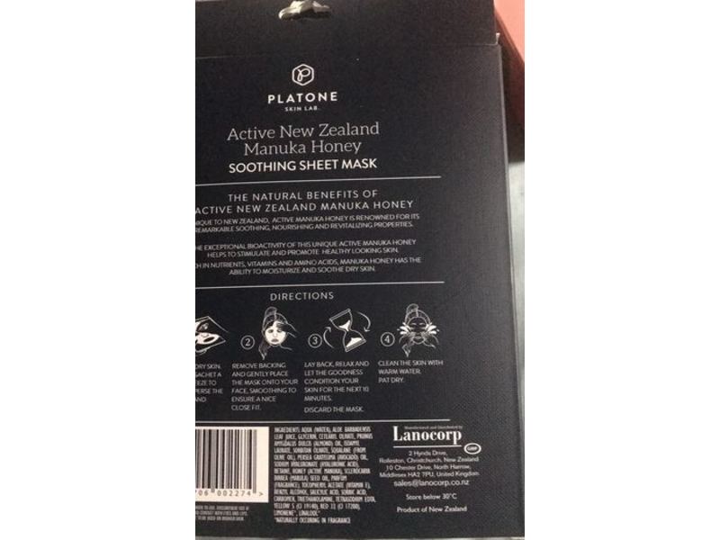Platone Soothing Sheet Mask, Active New Zealand Manuka Honey, 0.5 oz/25 g, 5 Count