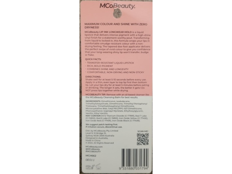 MCoBeauty Lip Ink, Longwear Hold, Rose Mauve, 0.14 fl oz/4.2 mL
