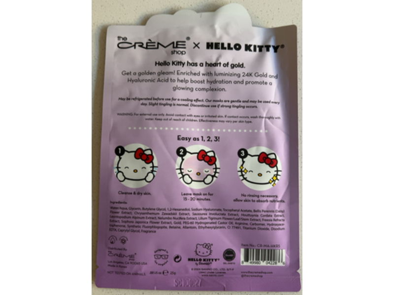 The Creme Shop Hello Kitty Ready Set Glow Sheet Mask, 24k Gold & Hyaluronic Acid, 0.88 oz/25 g, 3 Count
