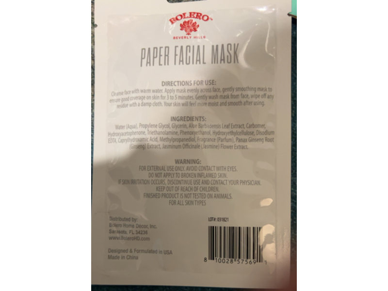 Bolero Beverly Hills Paper Facial Mask, Ginseng + Jasmine, 0.37 fl oz/11 mL