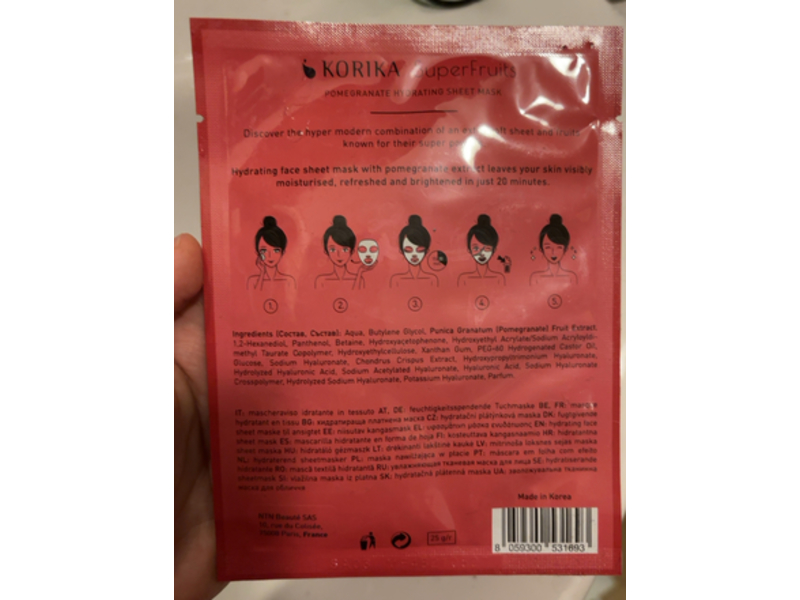 Korika Super Fruits Hydrating Sheet Mask, Pomegranate, 25 g