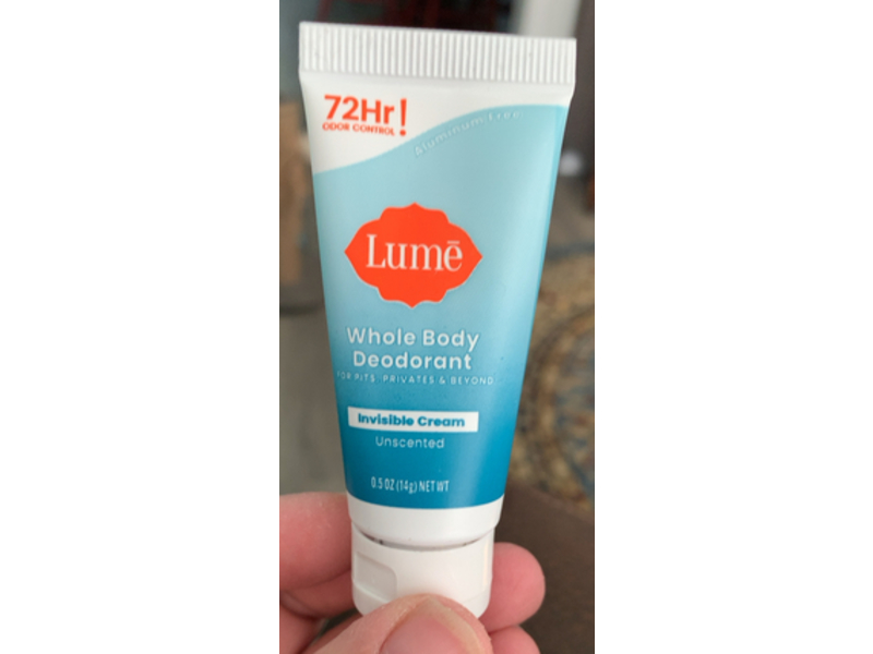 Lume Whole Body Deodorant Invisible Cream, unscented, 0.5 oz/14 g