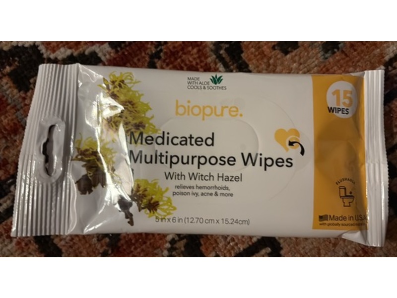 Biopure Medicated Multipurpose Wipes, Witch Hazel, 15 Count
