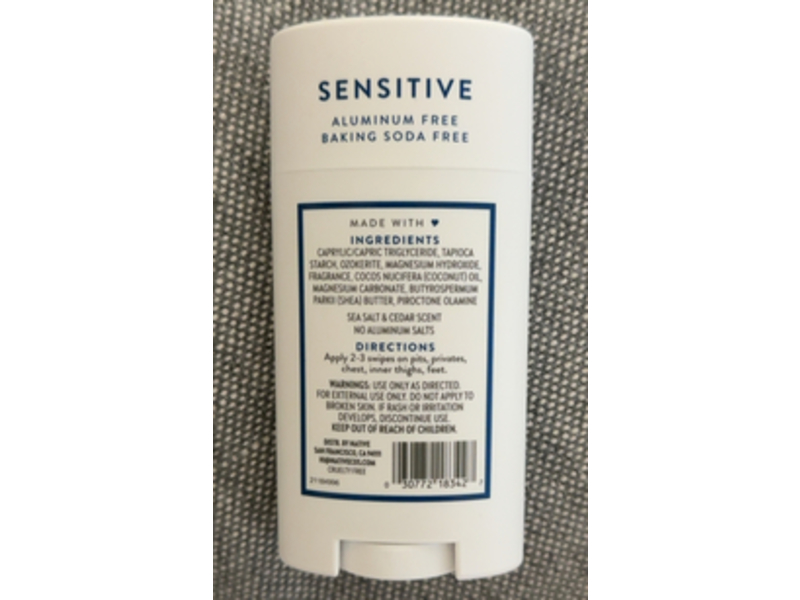 Native Sensitive Whole Body Deodorant, Sea Salt& Cedar, 2.4 oz/68 g