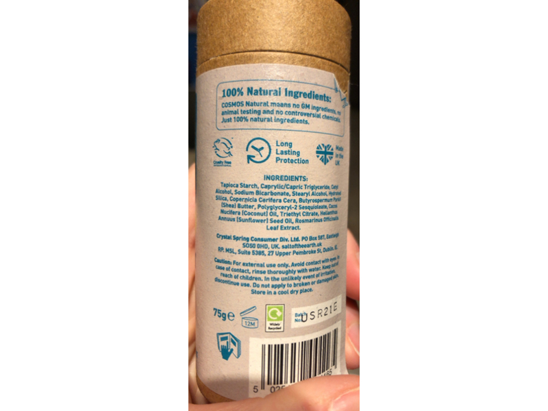 Salt Of The Earth 100 % Natural Unscented Deodorant Stick, Use or Refill, 75 g