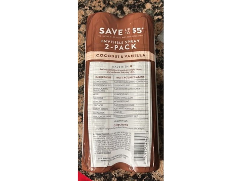 Native Deodorant Spray, Coconut & Vanilla, 3.5 oz/99 g, Pack Of 2