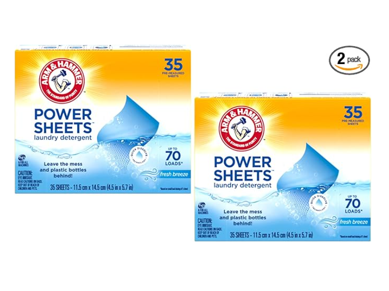 Arm & Hammer Laundry Detergent Power Sheets, Fresh Breeze, 70 Loads, 35 Count, Pack Of 2