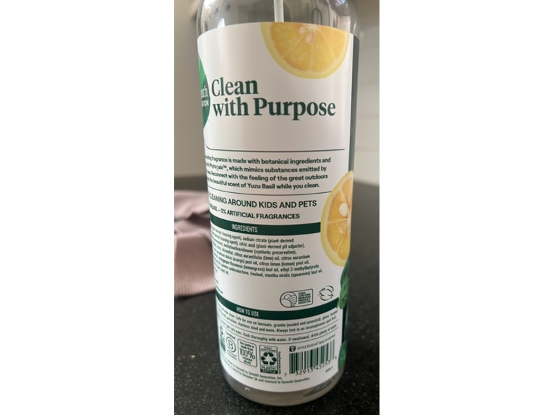 Seventh Generation Rejuvenate All Purpose Cleaner, Yuzu Basil Scent, 23 fl oz/680 mL, Pack Of 4