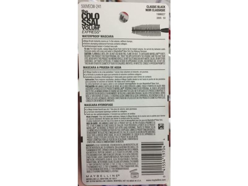Maybelline Volum' Express The Colossal Mascara, 241 Classic Black, Waterproof, 0.27 fl oz/8 mL