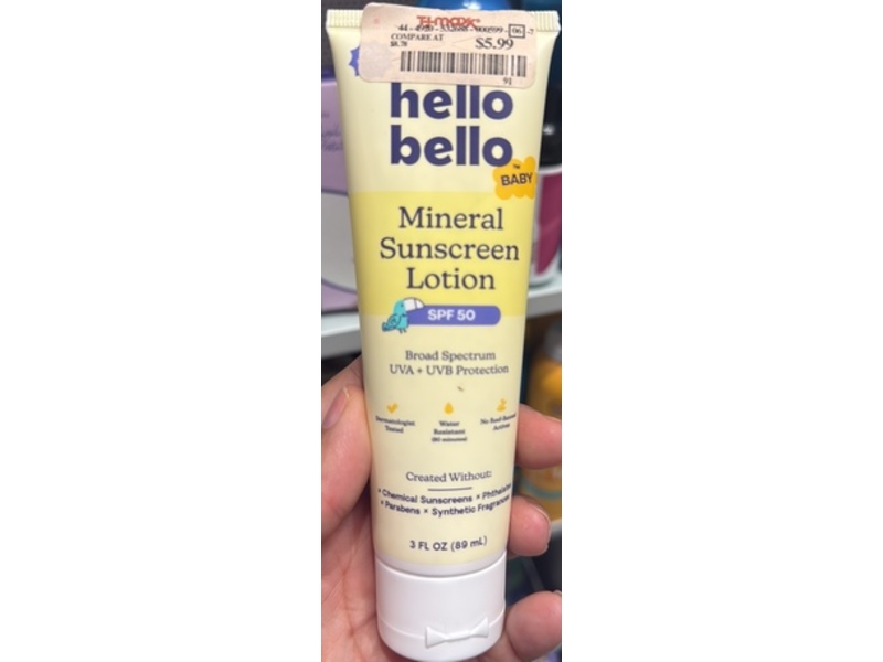 Hello Bello Baby Mineral Sunscreen Lotion, SPF 50, 3 fl oz/89 mL