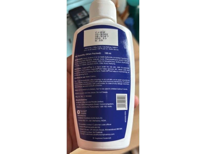 Torrent Pharma Fash-Os Gel Face Wash, Sensitive Skin, 100 mL