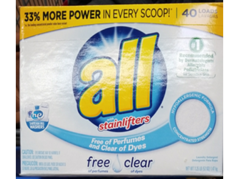 All With Stainlifters Laundry Detergent, Sensitive Skin, Free & Clear, 40 Loads, 52 oz/1.47 kg