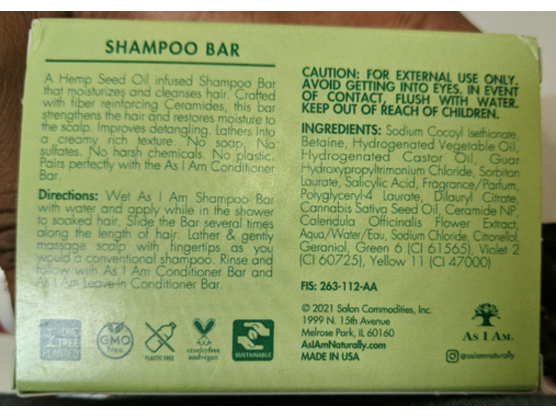 As I Am Shampoo Bar, Hemp Seed Oil, 3.5 oz/100 g