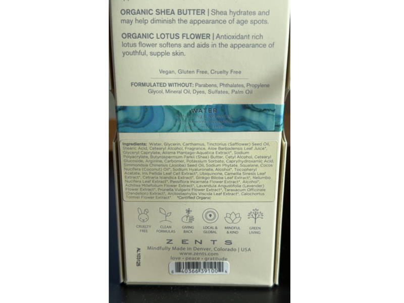 Zents Water Age Defying Probiotic Lotion, Organic Shea & Lotus, 6.4 fl oz/181 mL