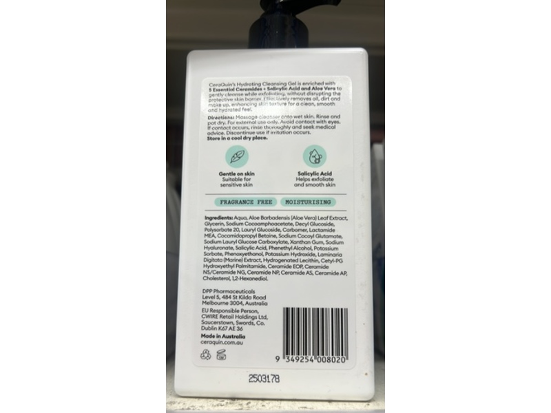 CeraQuin Hydrating Cleansing Gel, Salicylic Acid + Aloe Vera, 16.9 fl oz/500 mL
