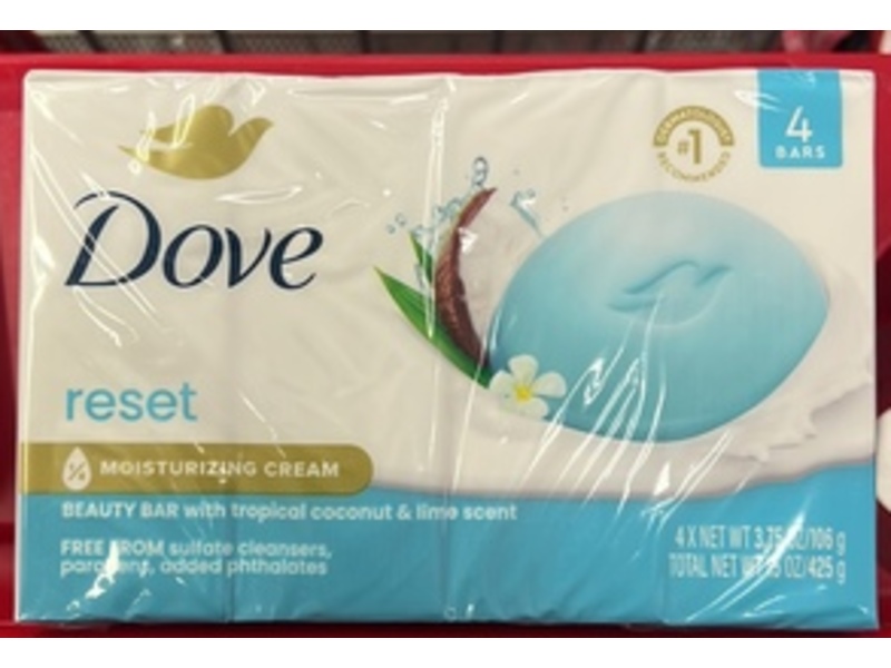 Dove Reset Beauty Bar, Tropical Coconut & Lime Scent, 3.75 oz/106 g, Pack Of 4