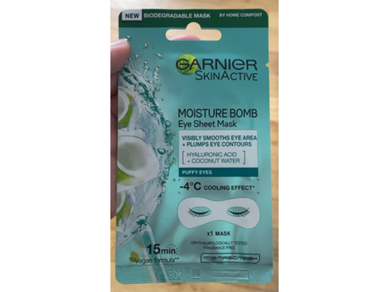 Garnier Skin Active Moisture Bomb Eye Sheet Mask, Visibly Smooths Eye Area + Plumps Eye Contours, Hyaluronic Acid + Coconut Water