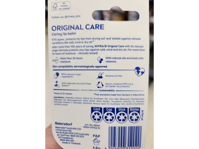 Nivea Original Care Caring Lip Balm, 4.8 g