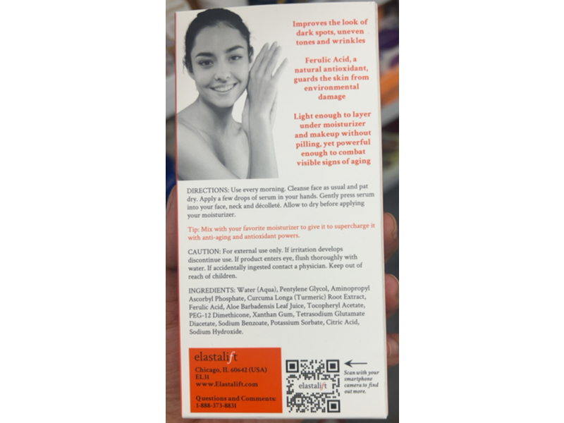 Elastalift Antioxidant Brightening Facial Serum, Vitamin C + Turmeric Oil, 1.75 fl oz/52 mL
