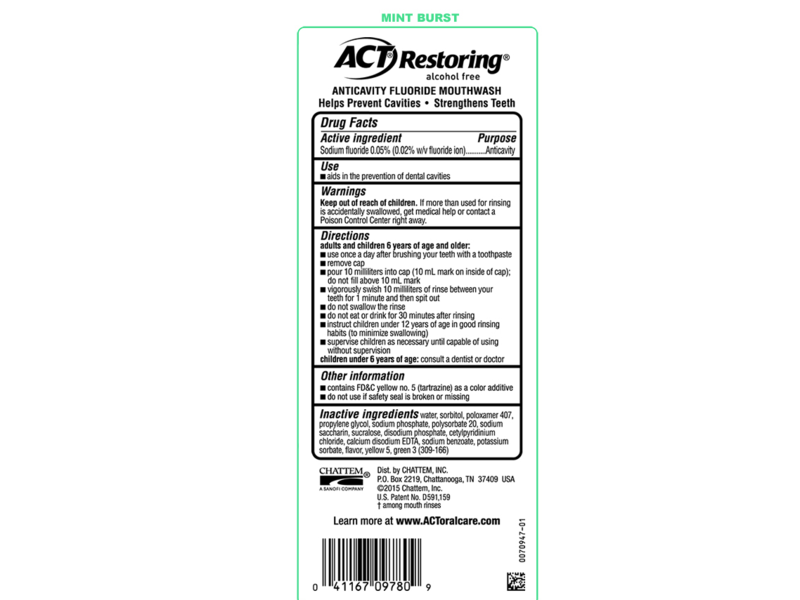 Act Restoring Anticavity Fluoride Mouthwash, Mint Burst,18 fl oz / 532 ml