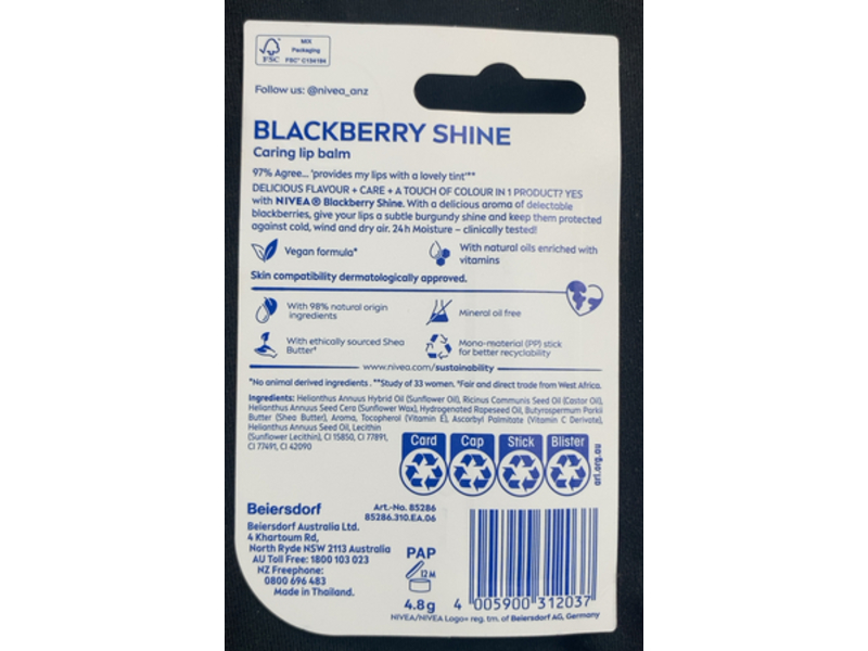 Nivea Caring Lip Balm, Blackberry Shine, 4.8 g
