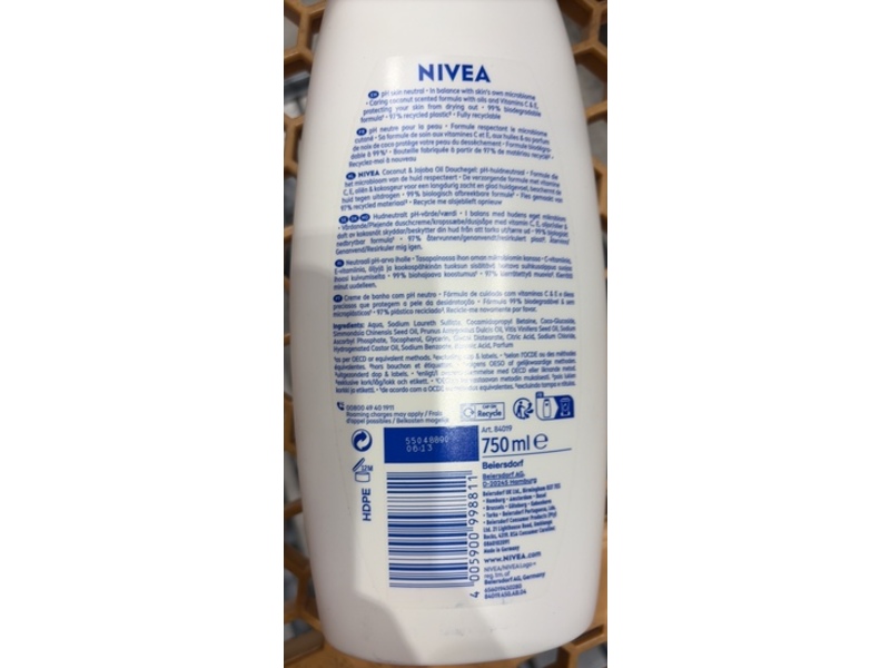 Nivea Moisturizing Shower Gel, Coconut & Jojoba Oil, 25.3 fl oz/750 mL