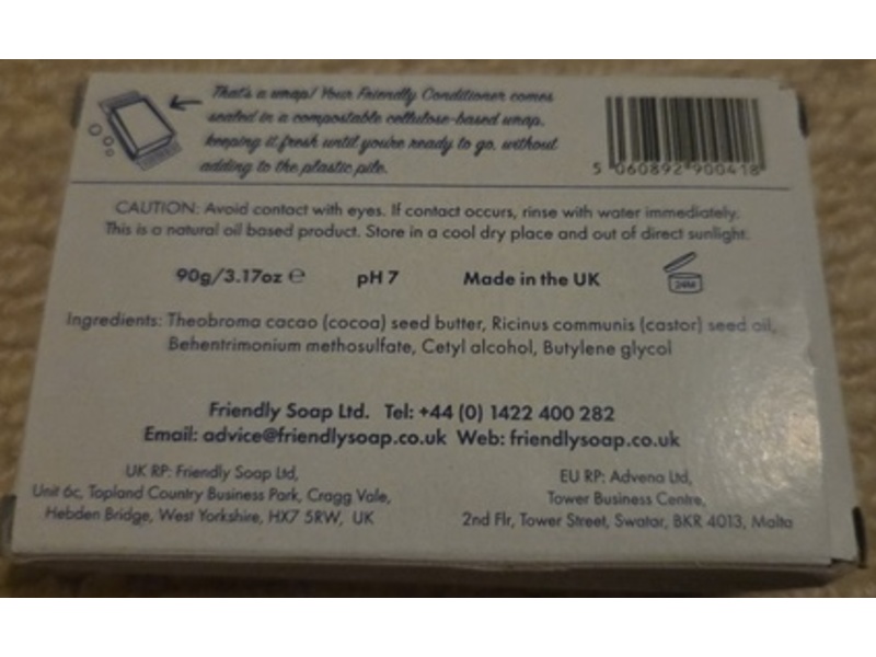 Friendly Soap Conditioner Bar, Fragrance Free, 3.17 oz/90 g