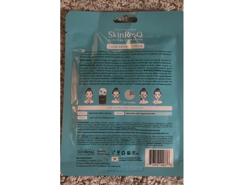 Skin Resq Sheet Mask, Hyaluronic Acid Complex 2% + Aloe Vera, 0.88 oz/25 g, Pack Of 7