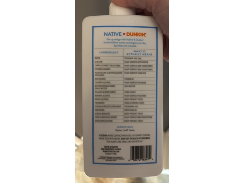 Native Dunkin Moisturizing Lotion, Vanilla Sprinkle, 16.5 fl oz/487 mL