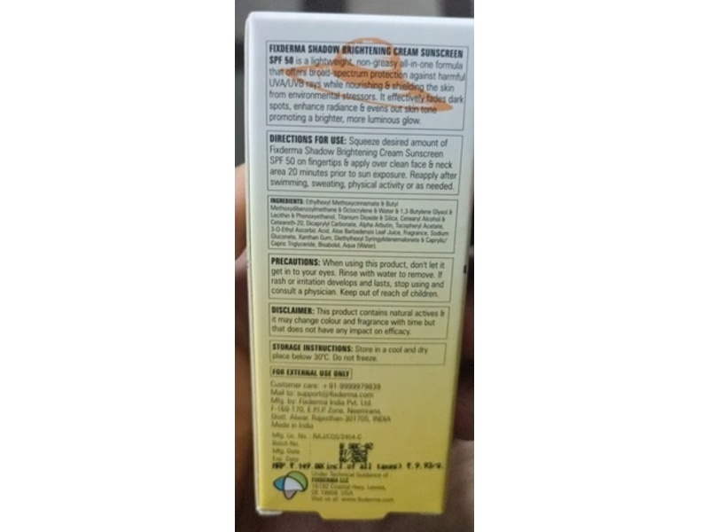 FixDerma Shadow Brightening Cream Sunscreen, SPF 50 PA+++, 0.52 oz/15 g