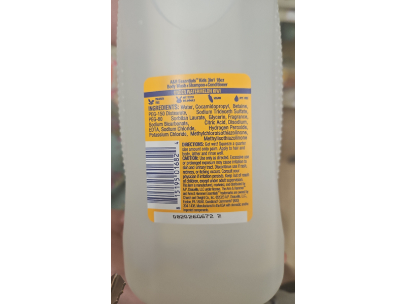 Arm & Hammer Kids 3-In-1 Body Wash, Shampoo + Conditioner, Under Watermelon Kiwi, 18 fl oz/532 mL