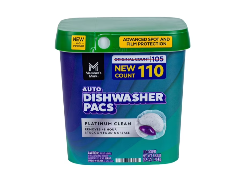 Member's Mark Platinum Clean Auto Dishwasher Pacs, 62 oz/1.76 kg, 110 Count