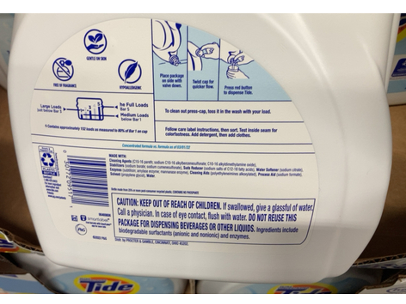 Tide Ultra Concentrated Liquid Laundry Detergent, Free & Gentle, 152 Loads, 170 fl oz/5.02 L