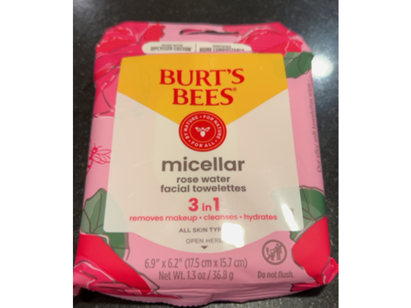 Burt's Bees Micellar 3 In 1 Facial Towelettes, Rose Water, 1.3 oz/36.8 g, 10 Count