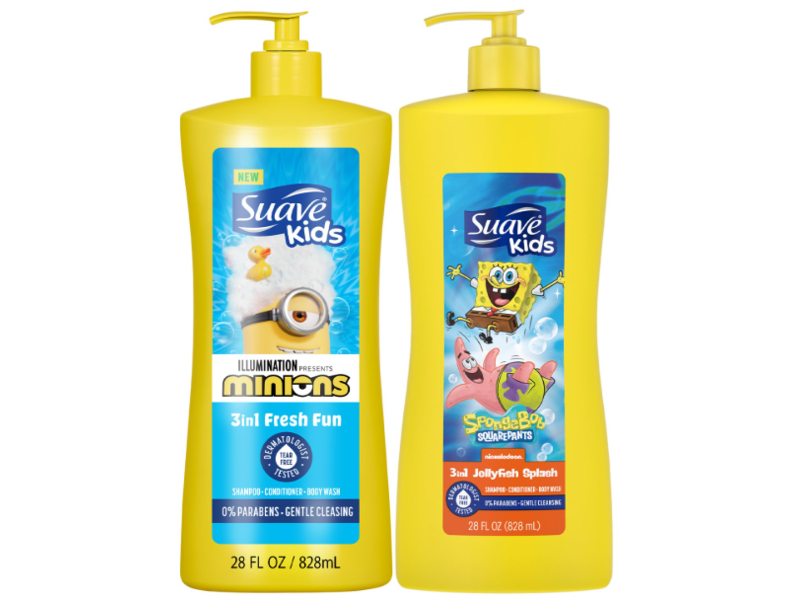 Suave Kids 3-in-1 Tear Free Shampoo, Conditioner & Body Wash Set, Minions Fresh Fun + SpongeBob SquarePants JellyFish Splash, 28 fl oz/828 mL