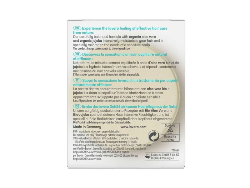 Lavera Basis Sensitive Moisture & Care Shampoo Bar, Aloe Vera & Jojoba, 50 g