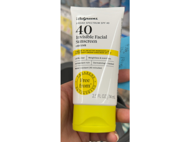 Walgreens Invisible Facial Sunscreen, SPF 40, 2.5 fl oz/74 mL