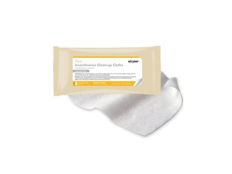Stryker Sage Incontinence Clean-Up Cloths, Fragrance Free, 8 Count