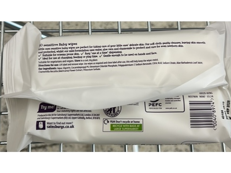 Sainsbury's Little Ones Sensitive Baby Wipes, Fragrance Free, 60 Count