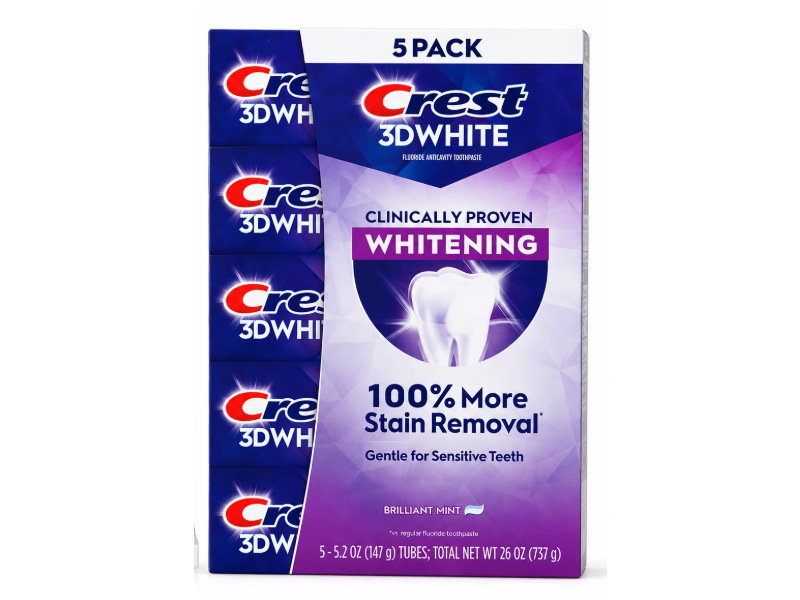 Crest 3D White Fluride Anticavity Toothpaste, Brilliant Mint, 5.2 oz/147 g, Pack Of 5