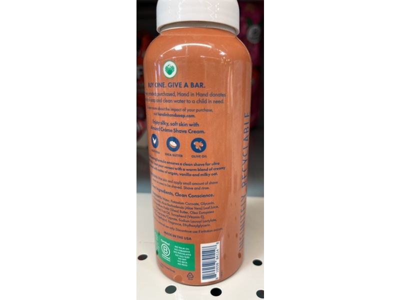 Hand in Hand Foaming Shave Cream, Almond Creme, 6 fl oz/237 mL